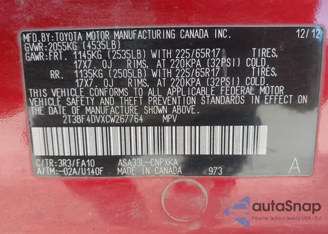 2012 Toyota Rav4 z USA, uszkodzony, nr VIN 2T3BF4DVXCW267764